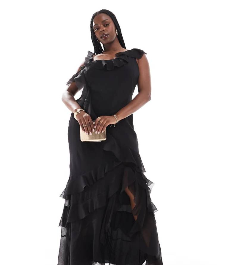 ASOS DESIGN Curve - Maxikleid in Schwarz mit Rüschen, asymmetrischen Trägern und Bias-Cut von ASOS Curve