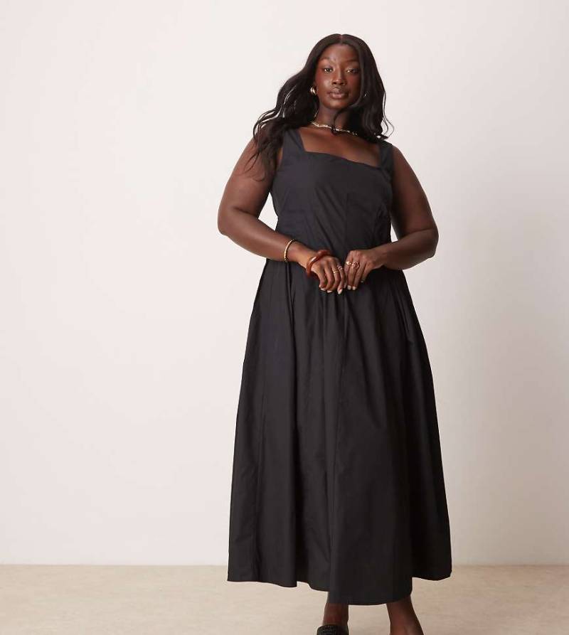 ASOS DESIGN Curve - Maxikleid in Schwarz mit U-Ausschnitt und Faltendetail in der Taille von ASOS Curve