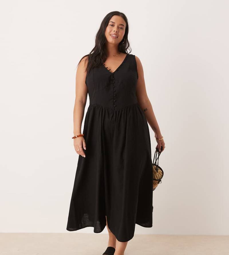 ASOS DESIGN Curve - Maxikleid in Schwarz mit V-Ausschnitt, Knopfleiste und tiefer Taille von ASOS Curve