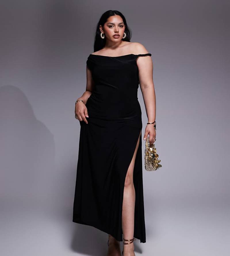 ASOS DESIGN Curve - Maxikleid in Schwarz mit verdrehter Schulterpartie und geschnürter Rückseite von ASOS Curve