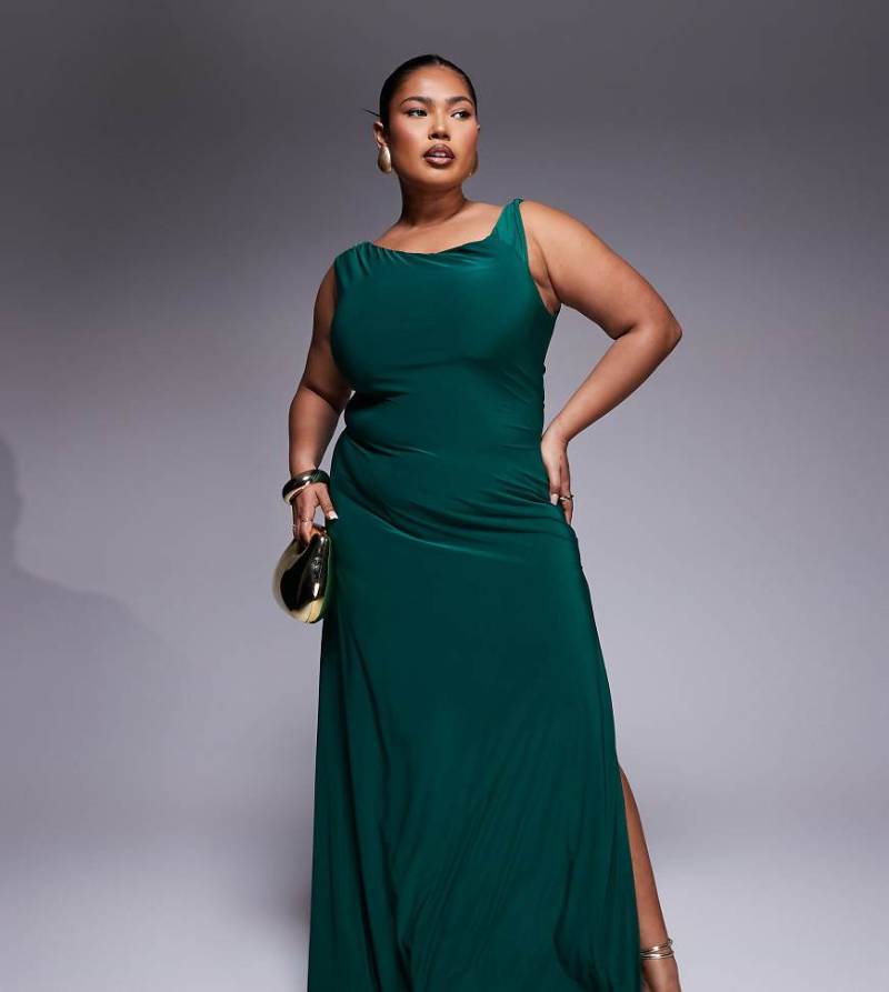ASOS DESIGN Curve - Maxikleid in Smaragdgrün mit verdrehter Schulterpartie und geschnürter Rückseite von ASOS Curve
