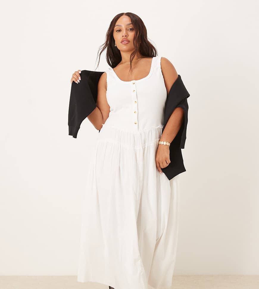 ASOS DESIGN Curve - Maxikleid in Weiß mit U-Ausschnitt, geripptem Oberteil, Knopfleiste und Popeline-Rock ASOS DESIGN Curve - Maxikleid in Weiß mit U-Ausschnitt, geripptem Oberteil, Knopfleiste und Popeline-Rock von ASOS Curve