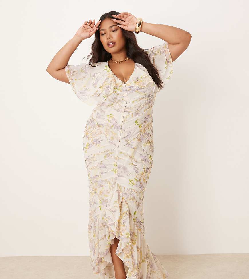 ASOS DESIGN Curve - Maxikleid mit Cape-Ärmeln, Biesen und Glyzinien-Blumenprint-Bunt von ASOS Curve