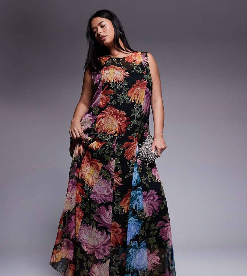 ASOS DESIGN Curve - Maxikleid mit geteiltem Blumenmuster und Godet-Saum-Bunt von ASOS Curve