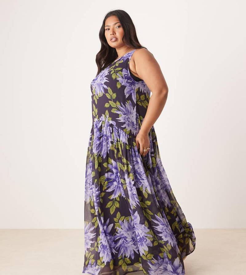 ASOS DESIGN Curve - Maxikleid mit großem Blumenmuster und höher angesetzter Taillennaht-Bunt von ASOS Curve