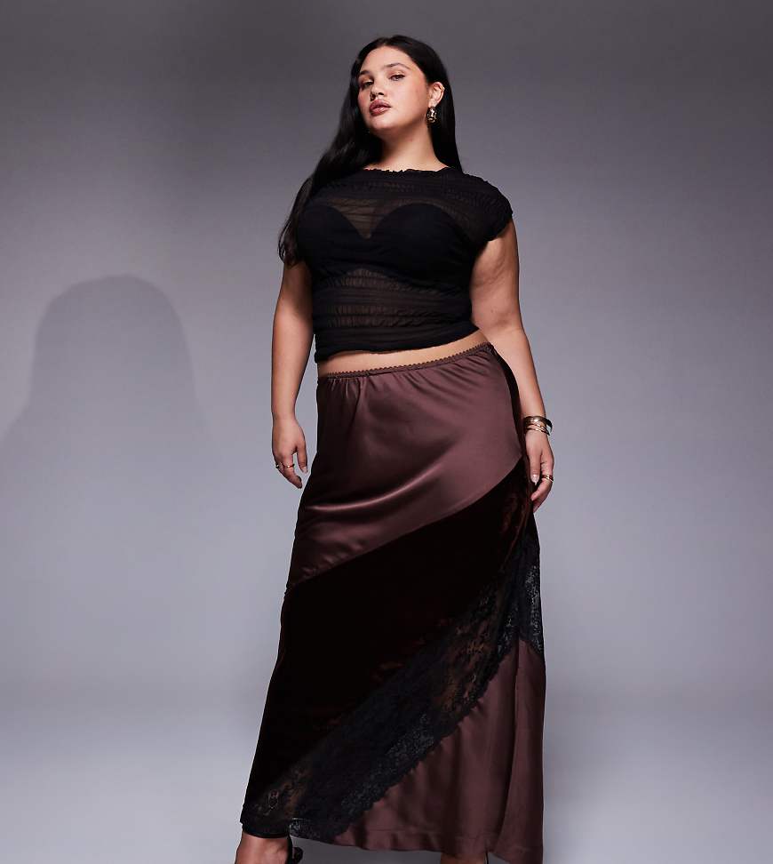 ASOS DESIGN Curve - Maxirock in Schokobraun aus Samt, Satin und Spitze-Brown ASOS DESIGN Curve - Maxirock in Schokobraun aus Samt, Satin und Spitze-Brown von ASOS Curve