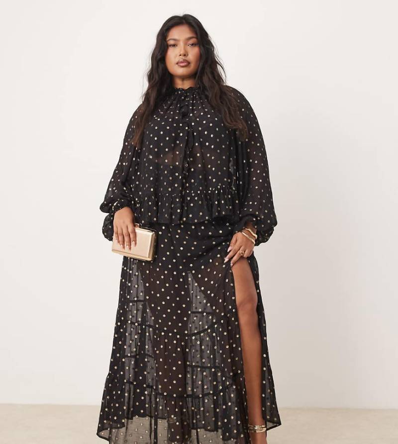ASOS DESIGN Curve - Maxirock in Schwarz & Gold mit Metallic-Punktemuster-Bunt von ASOS Curve