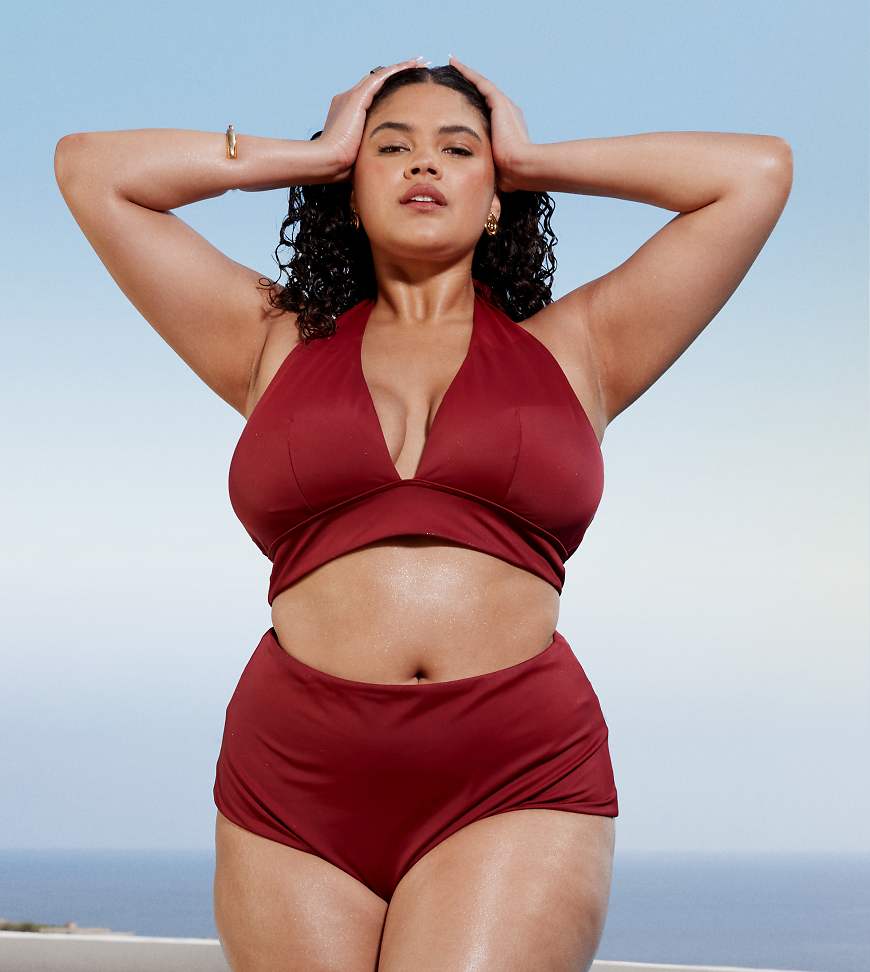 ASOS DESIGN Curve - Maya - Mix and Match - Bikinihose in Burgunderrot mit hohem Bund von ASOS Curve