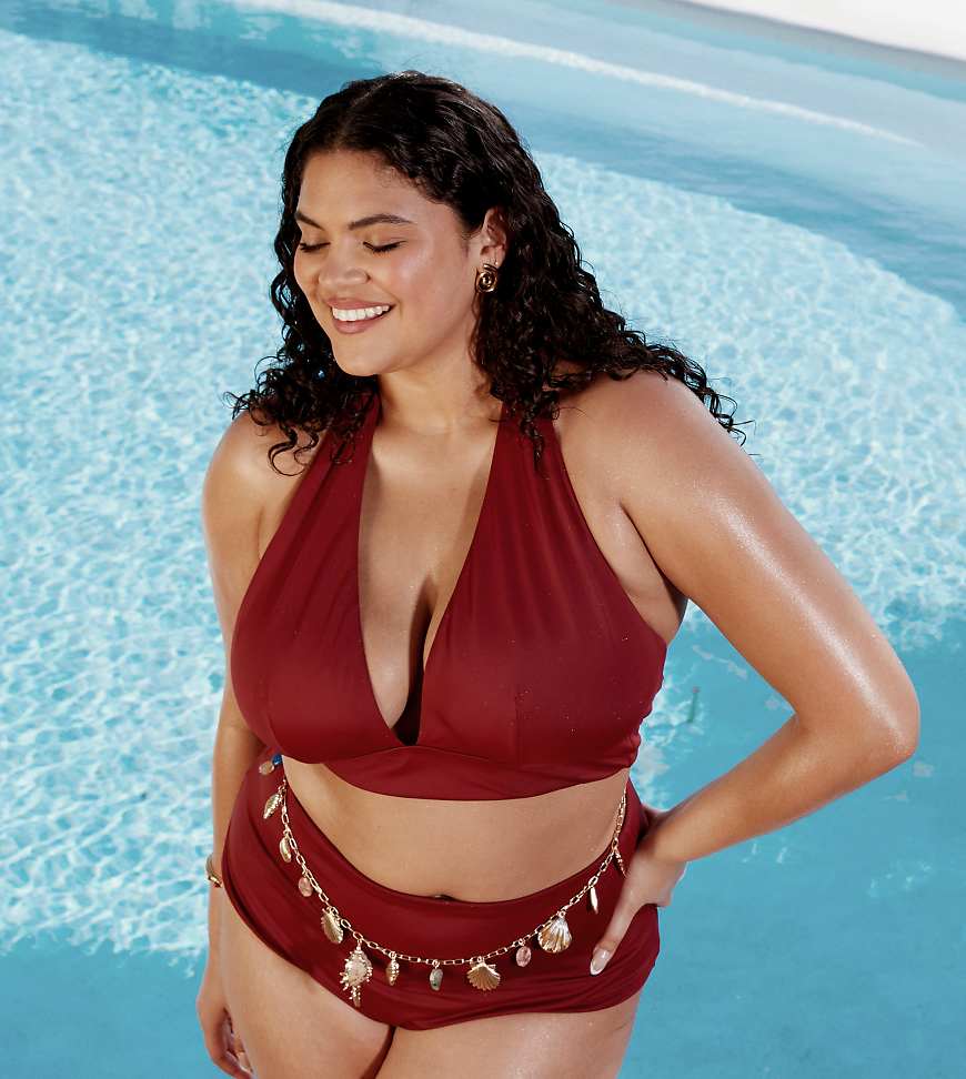 ASOS DESIGN Curve - Maya - Mix and Match - Elegantes Neckholder-Bikinioberteil in Burgunderrot von ASOS Curve