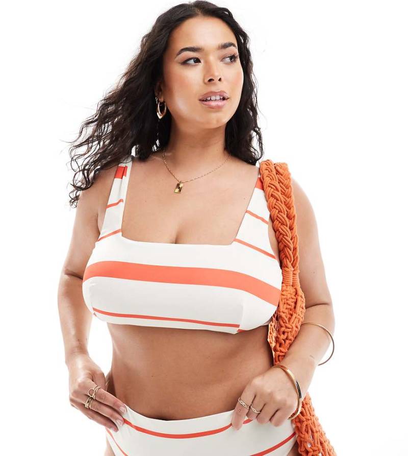 ASOS DESIGN Curve - Mia - Mix and Match - Kurzes Bikinioberteil in Tomatenrot mit Streifen-Bunt von ASOS Curve