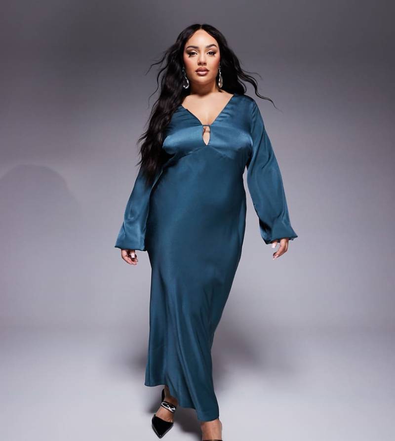ASOS DESIGN Curve - Midaxi-Kleid aus Satin in dunklem Petrol mit Blousonärmeln und V-Ausschnitt-Grün von ASOS Curve