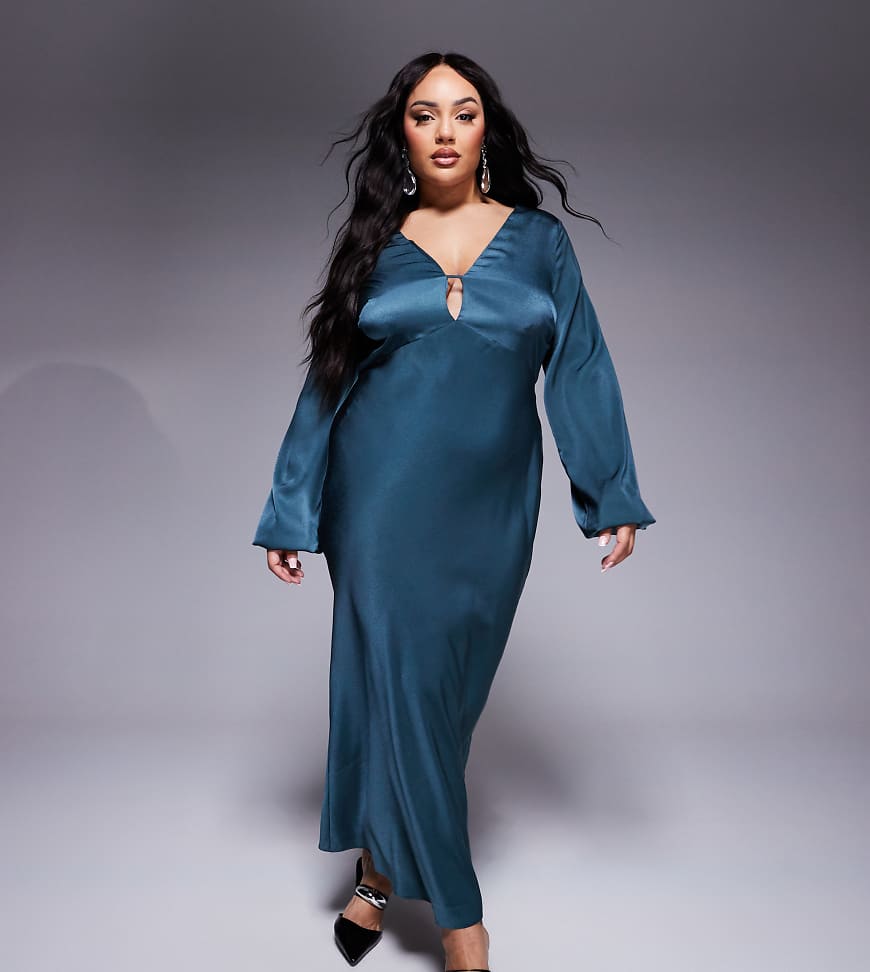 ASOS DESIGN Curve - Midaxi-Kleid aus Satin in dunklem Petrol mit Blousonärmeln und V-Ausschnitt-Grün von ASOS Curve