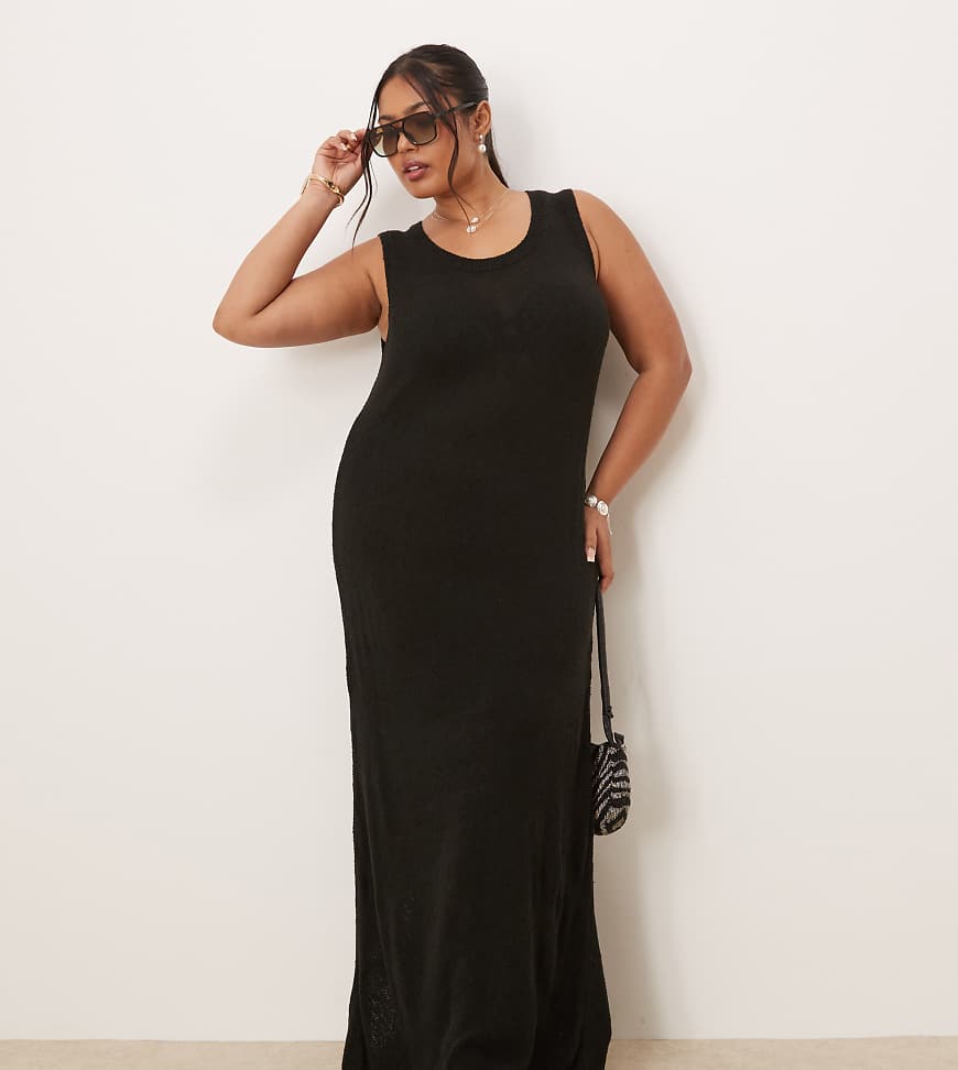 ASOS DESIGN Curve - Midaxi-Kleid aus Strukturstrick in Schwarz mit U-Ausschnitt von ASOS Curve
