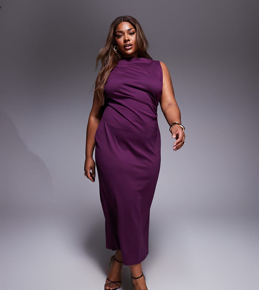ASOS DESIGN Curve - Midaxi-Kleid in Pflaume mit hohem U-Boot-Ausschnitt und Faltendetails-Lila von ASOS Curve