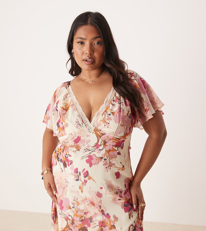 ASOS DESIGN Curve - Midi-Freizeitkleid aus Chiffon mit Blumenmuster und Spitzenborte-Bunt ASOS DESIGN Curve - Midi-Freizeitkleid aus Chiffon mit Blumenmuster und Spitzenborte-Bunt von ASOS Curve
