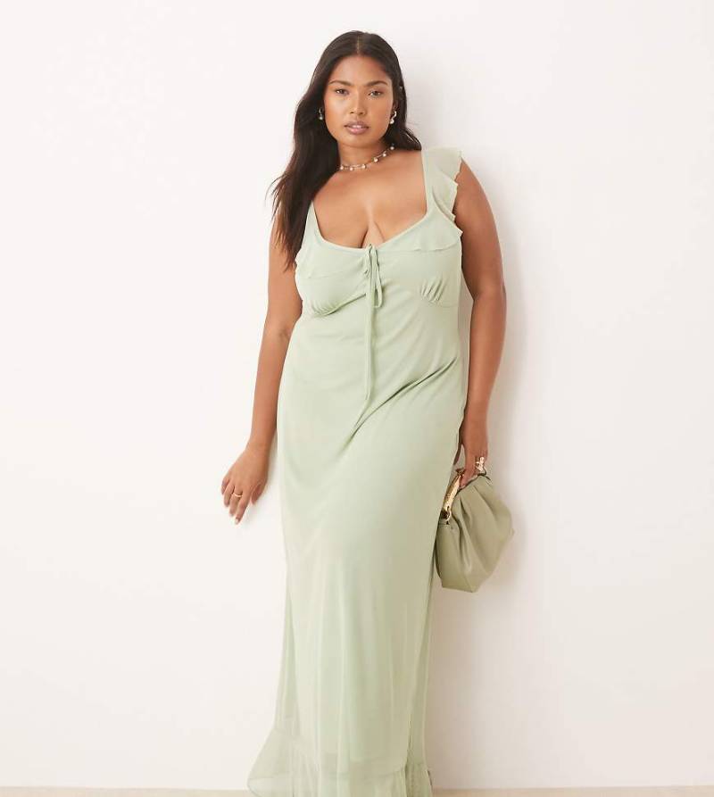 ASOS DESIGN Curve - Midi-Freizeitkleid aus salbeigrünem Netzstoff mit doppelten Rüschen von ASOS Curve