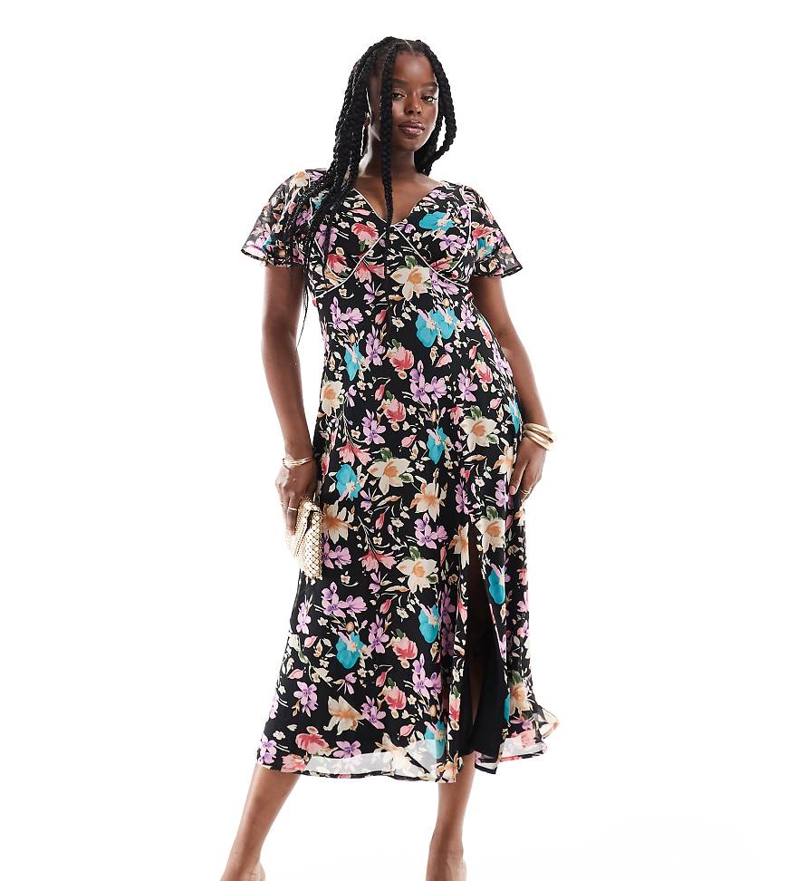 ASOS DESIGN Curve - Midi-Freizeitkleid mit Blumenmuster in dunklen Farben und Nahtdetails-Bunt ASOS DESIGN Curve - Midi-Freizeitkleid mit Blumenmuster in dunklen Farben und Nahtdetails-Bunt von ASOS Curve