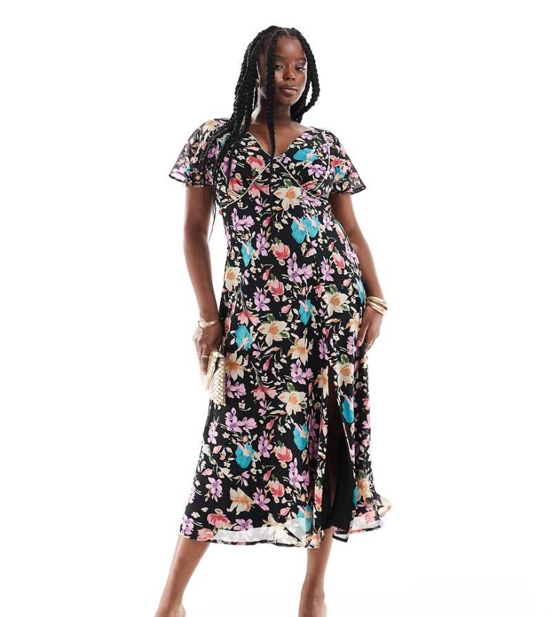 ASOS DESIGN Curve - Midi-Freizeitkleid mit Blumenmuster in dunklen Farben und Nahtdetails-Bunt von ASOS Curve