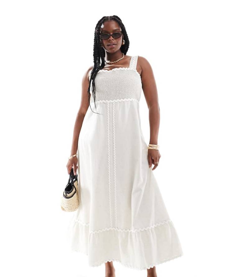 ASOS DESIGN Curve - Midi-Sommerkleid aus Leinen in Hellbeige mit farblich abgesetztem Zickzack-Besatz-Neutral von ASOS Curve