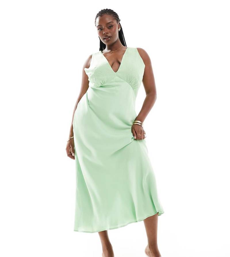 ASOS DESIGN Curve - Midi-Trägerkleid im Vintage-Stil in Salbeigrün mit V-Ausschnitt und zarter Stickerei-Bunt von ASOS Curve