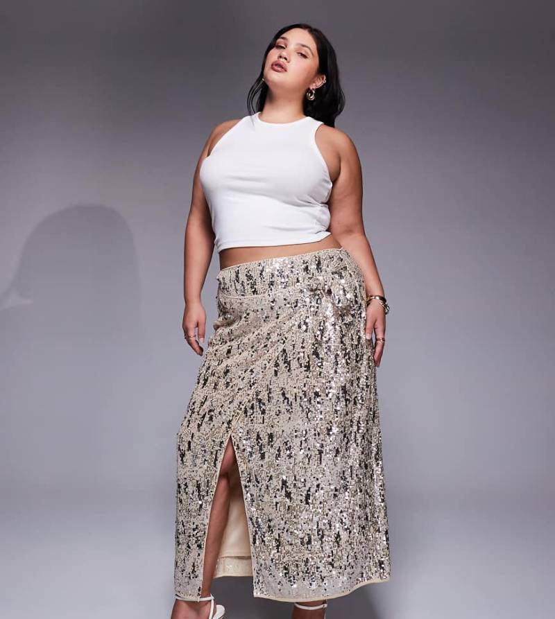 ASOS DESIGN Curve - Midi-Wickelrock in Champagner mit verschiedenen Pailletten-Goldfarben von ASOS Curve