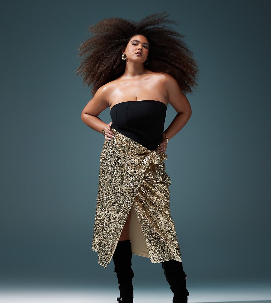 ASOS DESIGN Curve - Midi-Wickelrock mit Paillettenbesatz in Gold-Braun von ASOS Curve