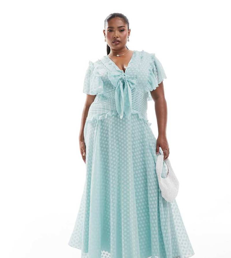 ASOS DESIGN Curve - Midikleid aus Jacquard in Eisblau mit Ausbrennerpunktemuster, Flatterärmeln und Bindeband vorne von ASOS Curve