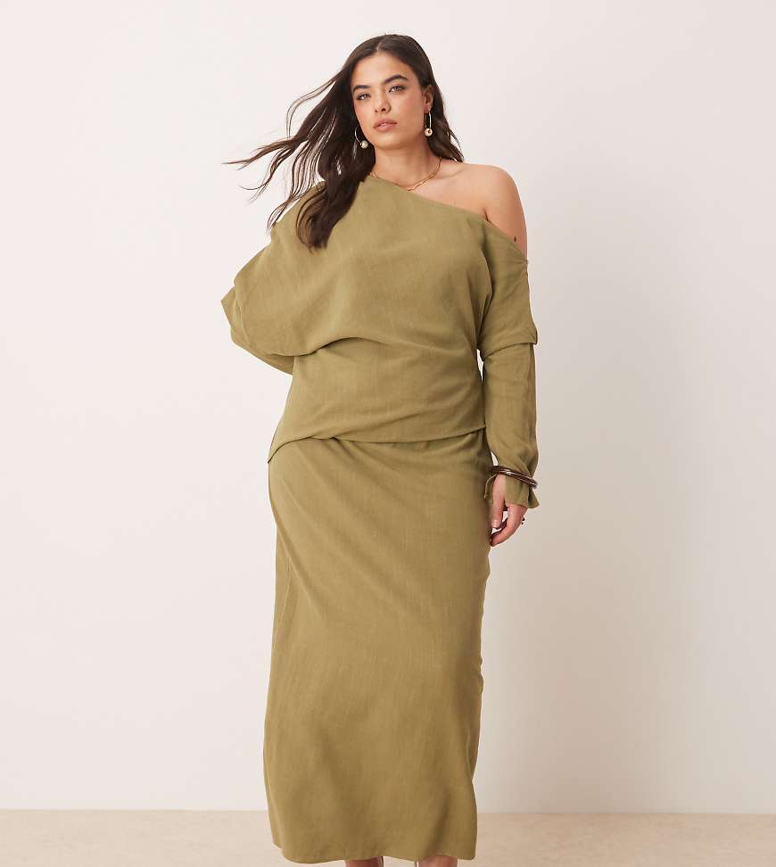 ASOS DESIGN Curve - Midikleid aus Leinen in Khaki mit asymmetrisch freier Schulter-Grün von ASOS Curve