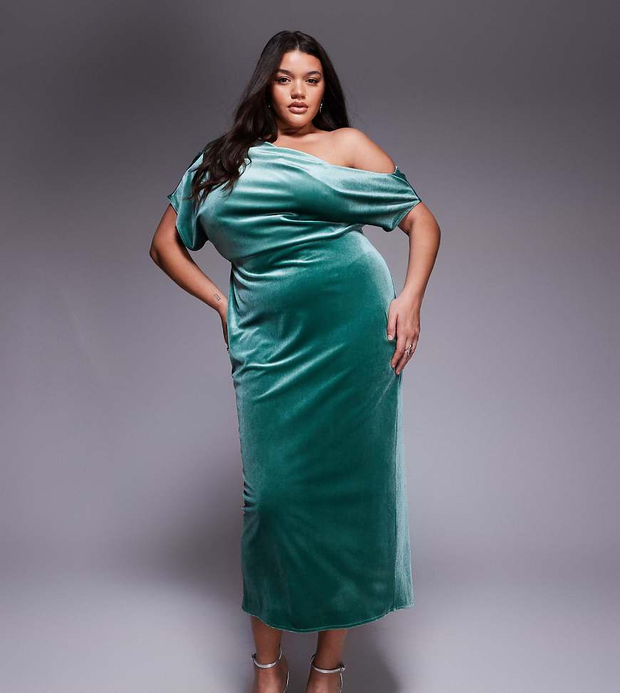 ASOS DESIGN Curve - Midikleid aus Samt in Grün mit markantem Dekolleté von ASOS Curve