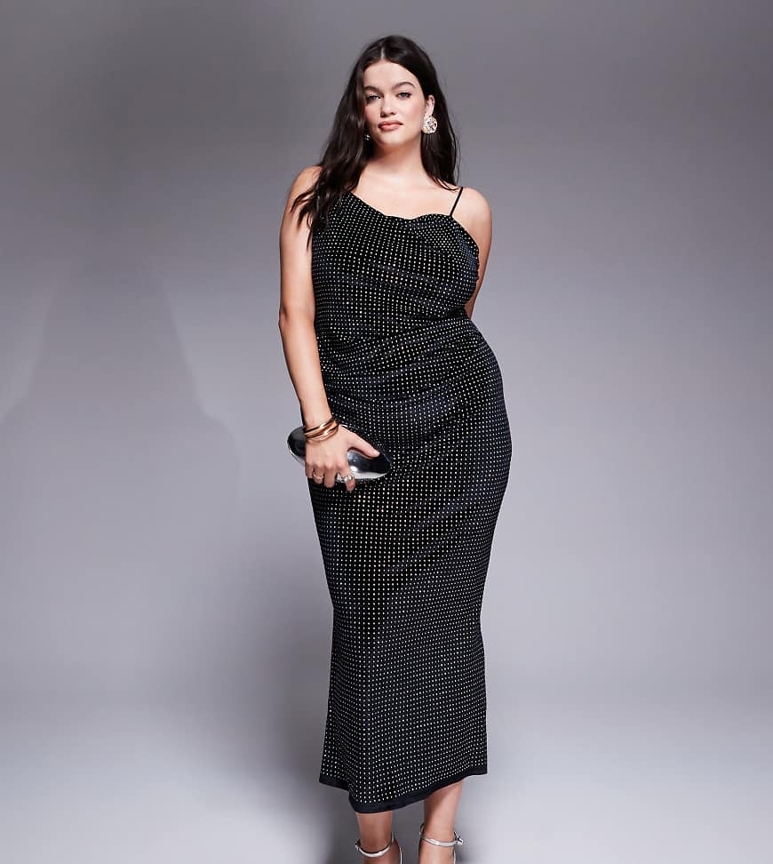 ASOS DESIGN Curve - Midikleid aus Samt in Schwarz mit asymmetrischem, drapiertem Ausschnitt und Verzierung-Grau ASOS DESIGN Curve - Midikleid aus Samt in Schwarz mit asymmetrischem, drapiertem Ausschnitt und Verzierung-Grau von ASOS Curve