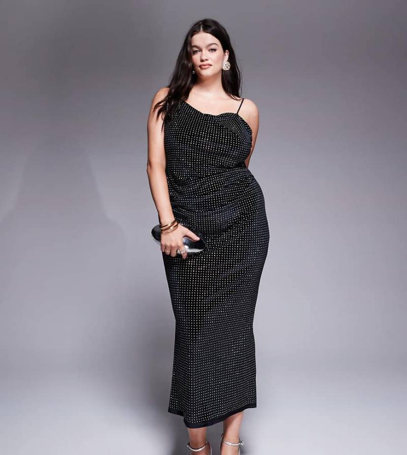 ASOS DESIGN Curve - Midikleid aus Samt in Schwarz mit asymmetrischem, drapiertem Ausschnitt und Verzierung-Grau von ASOS Curve
