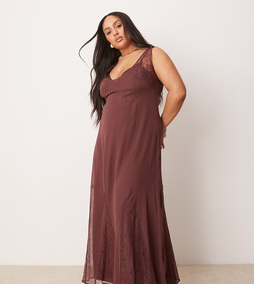 ASOS DESIGN Curve - Midikleid aus Spitze und Chiffon in Schokobraun mit Godet-Rock-Bunt ASOS DESIGN Curve - Midikleid aus Spitze und Chiffon in Schokobraun mit Godet-Rock-Bunt von ASOS Curve