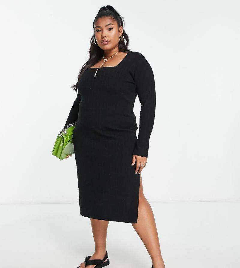 ASOS DESIGN Curve - Midikleid aus Strick in Schwarz mit eckigem Ausschnitt von ASOS Curve