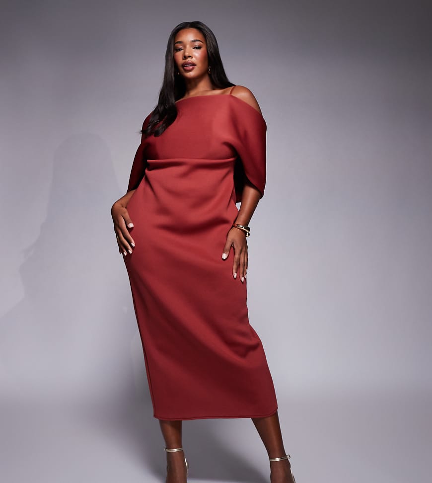 ASOS DESIGN Curve - Midikleid aus neoprenartigem Stoff in Schokobraun mit Bardot-Ausschnitt und Cape-Detail hinten ASOS DESIGN Curve - Midikleid aus neoprenartigem Stoff in Schokobraun mit Bardot-Ausschnitt und Cape-Detail hinten von ASOS Curve