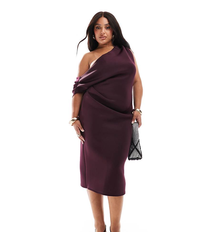 ASOS DESIGN Curve - Midikleid in Aubergine mit abfallender Schulterpartie und Faltendetail-Lila von ASOS Curve