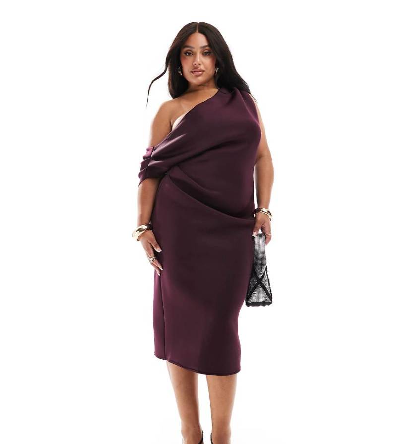 ASOS DESIGN Curve - Midikleid in Aubergine mit abfallender Schulterpartie und Faltendetail-Lila von ASOS Curve