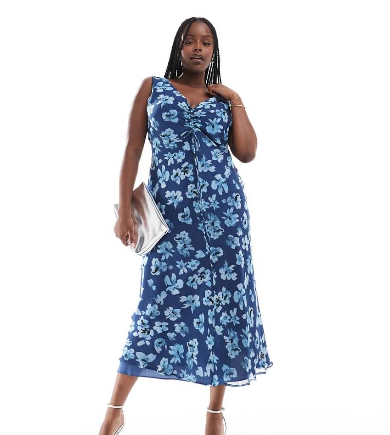 ASOS DESIGN Curve - Midikleid in Blau mit Blumenmuster, V-Ausschnitt und geraffter Brustpartie-Bunt von ASOS Curve