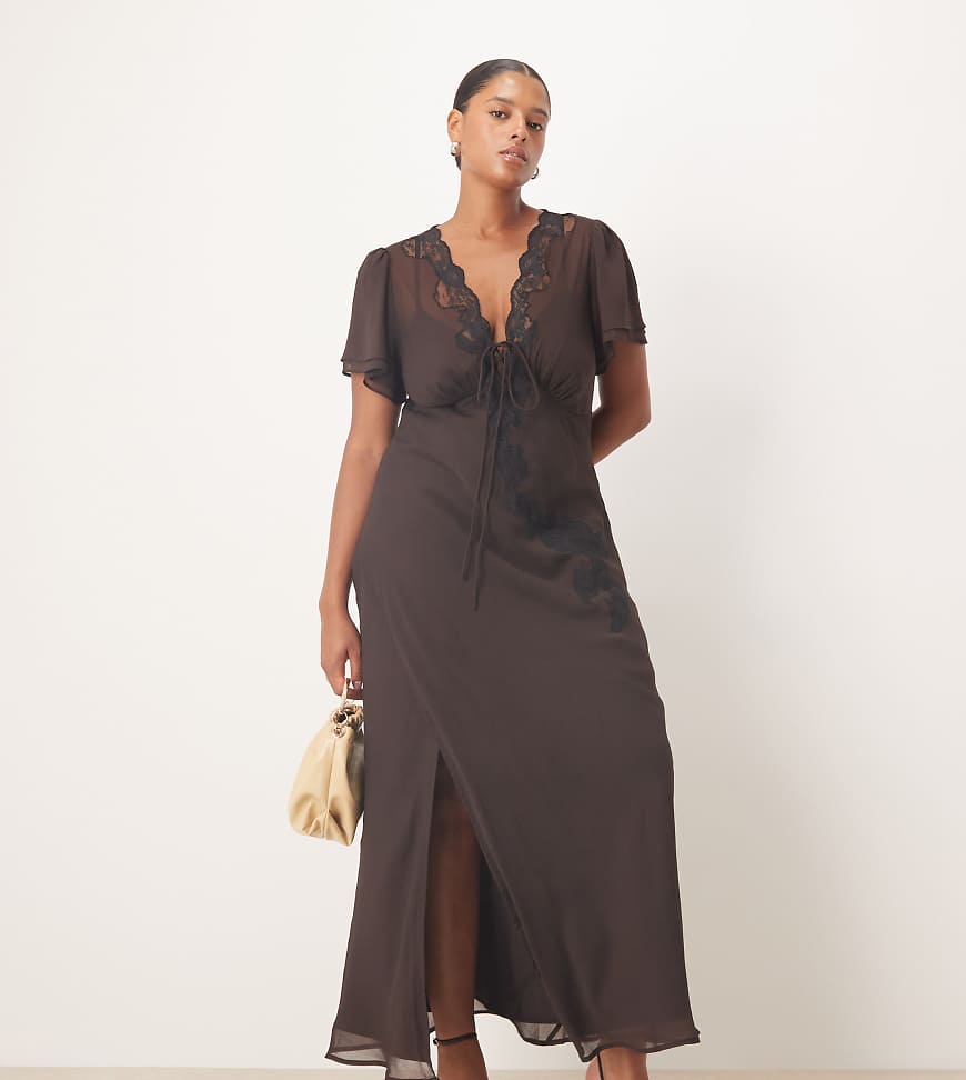 ASOS DESIGN Curve - Midikleid in Braun mit gebundener Vorderseite und Spitzenbesatz-Brown von ASOS Curve