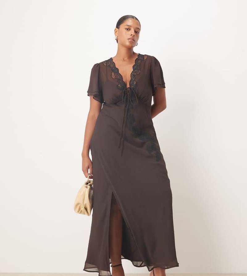 ASOS DESIGN Curve - Midikleid in Braun mit gebundener Vorderseite und Spitzenbesatz-Brown von ASOS Curve