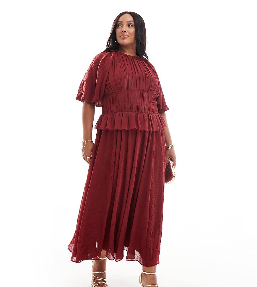 ASOS DESIGN Curve - Midikleid in Burgunderrot mit Puffärmeln und geraffter Taille ASOS DESIGN Curve - Midikleid in Burgunderrot mit Puffärmeln und geraffter Taille von ASOS Curve