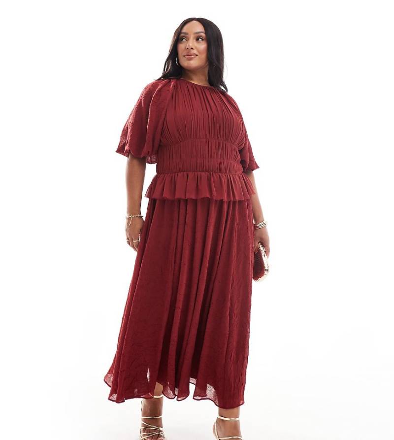 ASOS DESIGN Curve - Midikleid in Burgunderrot mit Puffärmeln und geraffter Taille von ASOS Curve