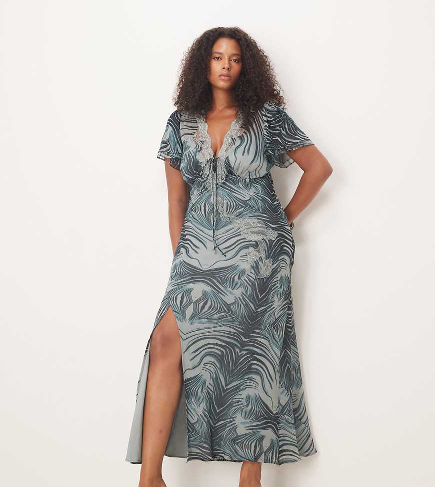 ASOS DESIGN Curve - Midikleid in Grau mit Zebramuster, Bindedetail vorne, Spitzendetail und Flatterärmel-Bunt von ASOS Curve