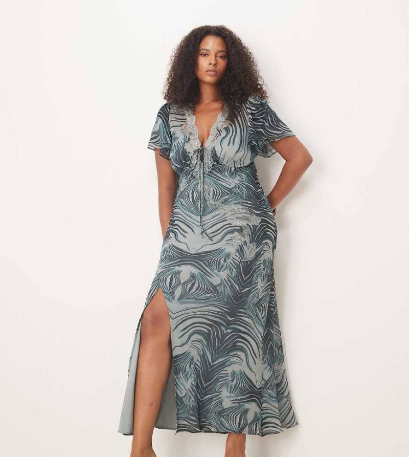 ASOS DESIGN Curve - Midikleid in Grau mit Zebramuster, Bindedetail vorne, Spitzendetail und Flatterärmel-Bunt von ASOS Curve