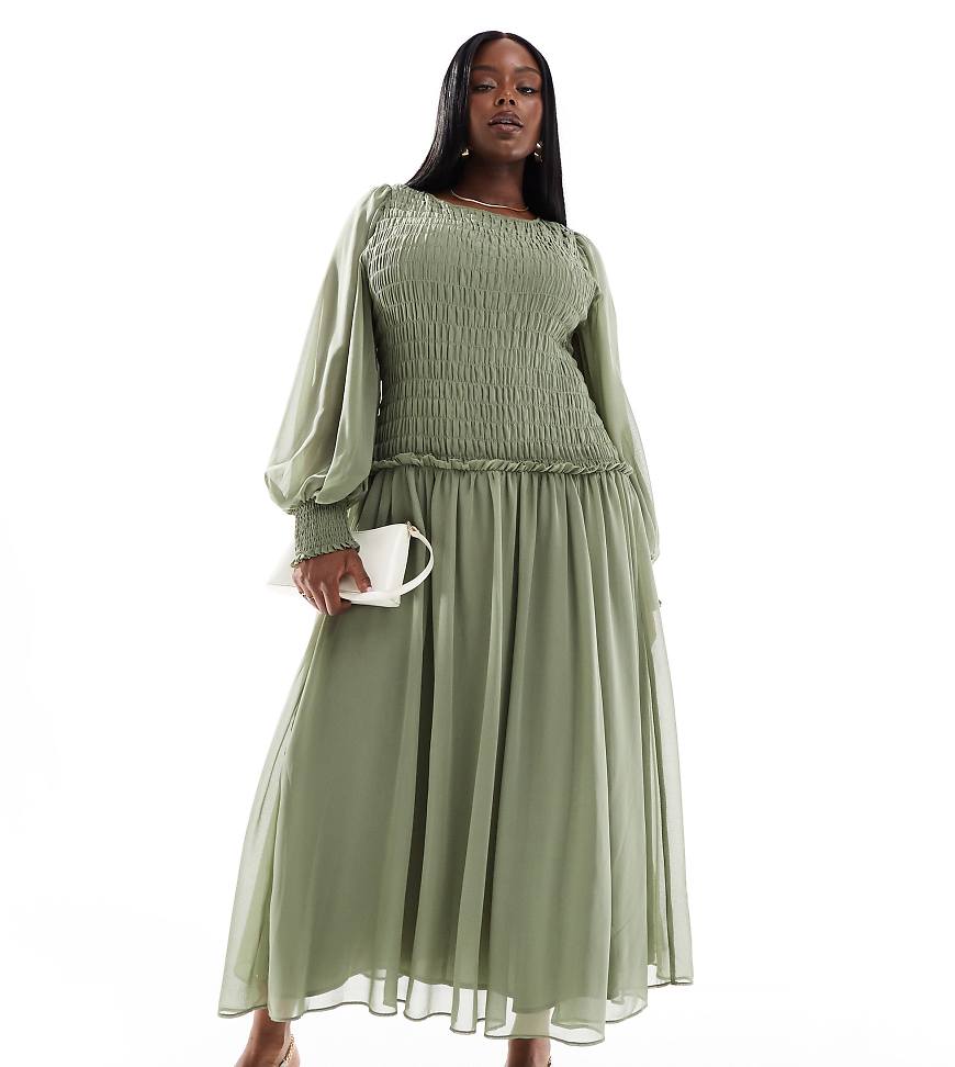 ASOS DESIGN Curve - Midikleid in Grün mit gesmoktem Mieder und Bindedetail am Rücken von ASOS Curve