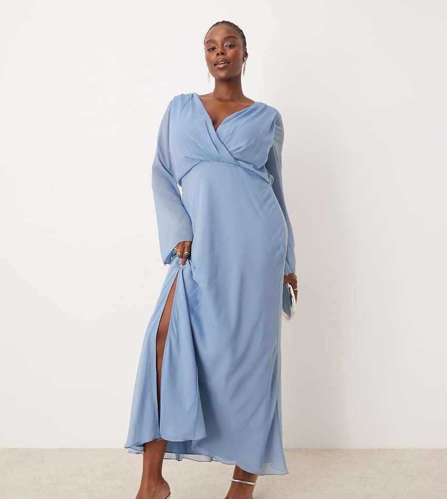 ASOS DESIGN Curve - Midikleid in Jeansblau mit gewickelter Vorderseite und Ziernaht-Bunt von ASOS Curve