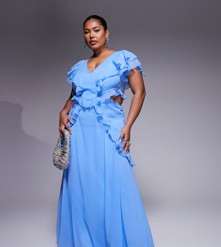 ASOS DESIGN Curve - Midikleid in Kornblumenblau mit Flatterärmeln, Rüschen und Zierausschnitt von ASOS Curve
