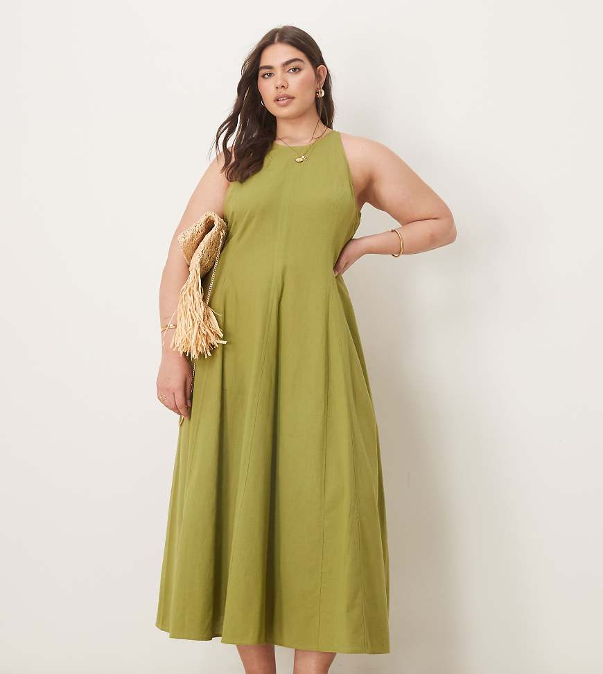 ASOS DESIGN Curve - Midikleid in Olivgrün mit Ziernaht von ASOS Curve