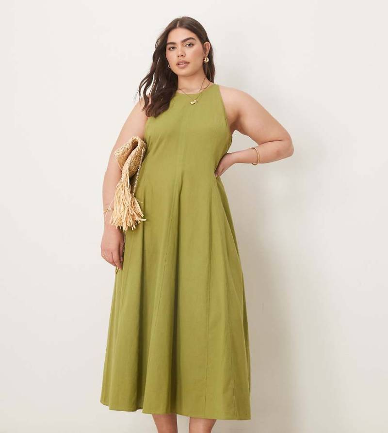 ASOS DESIGN Curve - Midikleid in Olivgrün mit Ziernaht von ASOS Curve