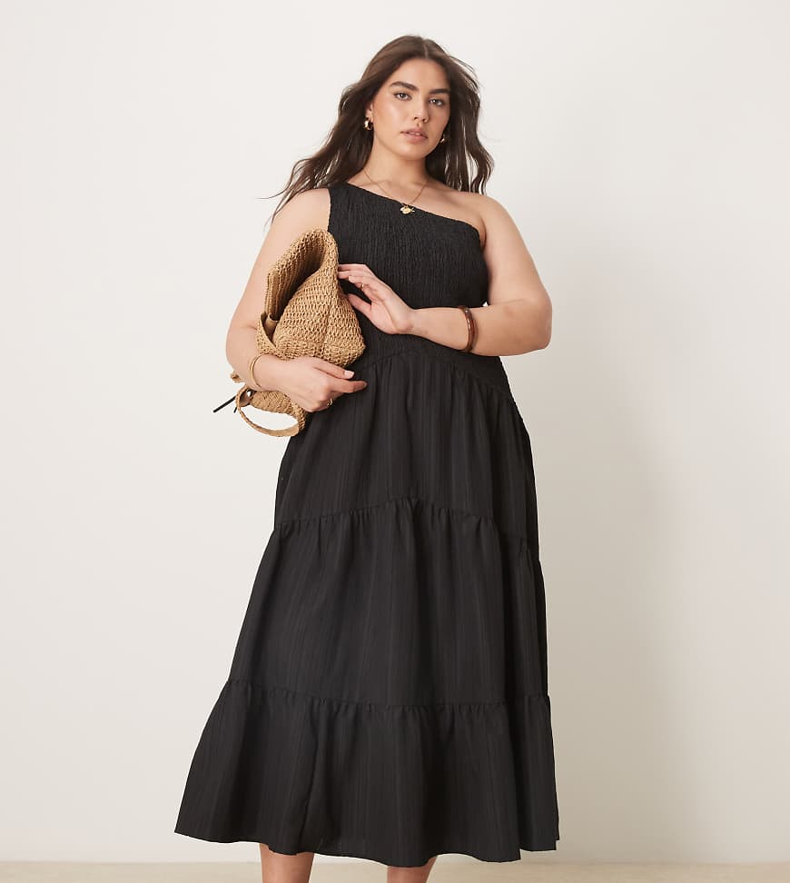 ASOS DESIGN Curve - Midikleid in Schwarz mit Knitterstruktur und asymmetrischem Ausschnitt ASOS DESIGN Curve - Midikleid in Schwarz mit Knitterstruktur und asymmetrischem Ausschnitt von ASOS Curve