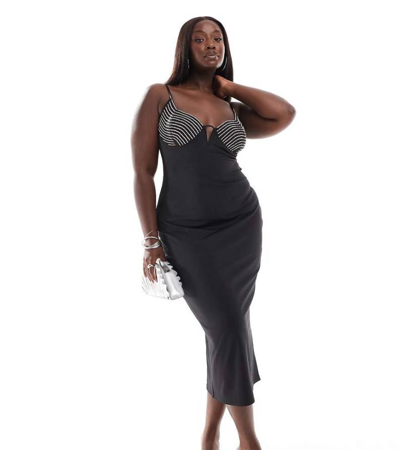 ASOS DESIGN Curve - Midikleid in Schwarz mit Körbchen und Strassverzierung von ASOS Curve